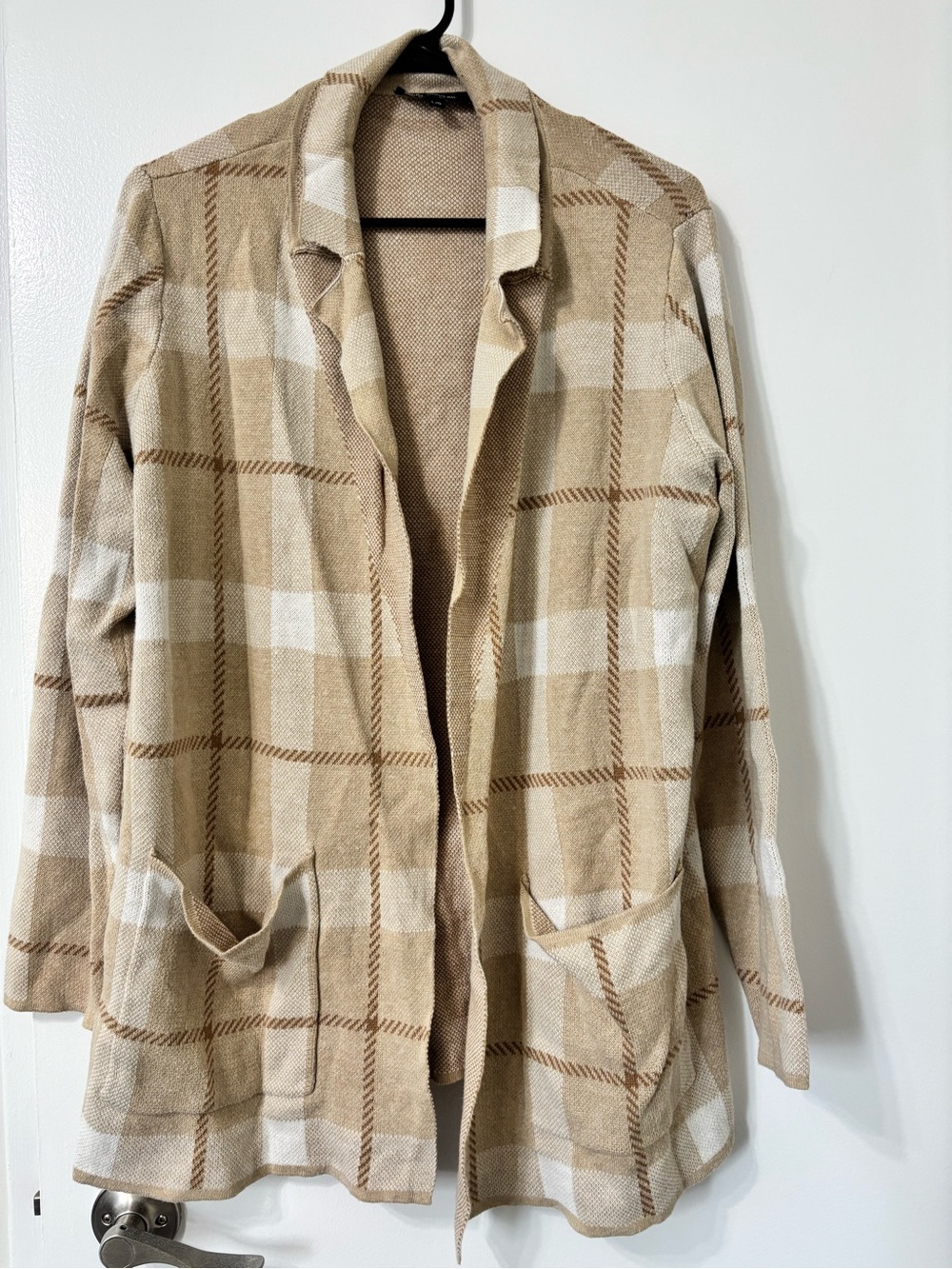 Lily Morgan Plaid Open Front Knit Cardigan Sweater with Pockets Large size